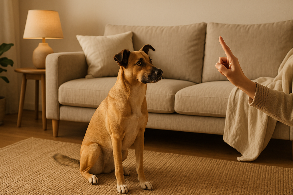 Chien attentif, entraînement doux à la maison, ambiance chaleureuse.
Fichier