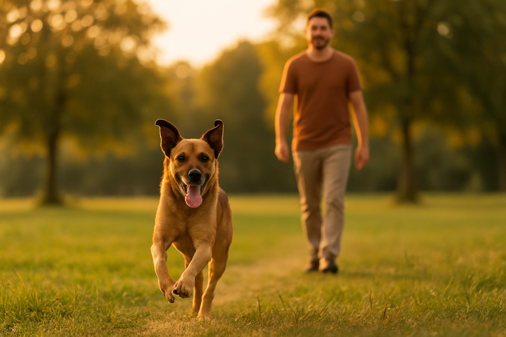 Chien revenant au rappel vers son humain dans un parc au soleil couchant, méthode d’éducation positive en 15 minutes par jour pour un rappel chien fiable.”