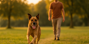 Retour joyeux du chien au signal
