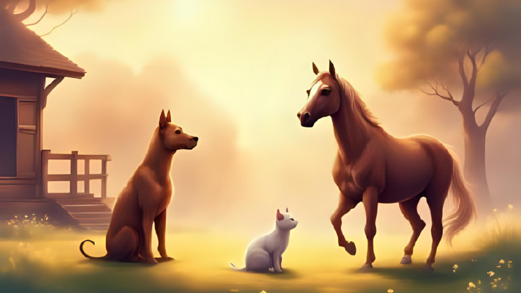 Bannière de naturopathie animalière avec un chien, un chat et un cheval dans un cadre naturel paisible, lumière douce et atmosphère équilibrée.