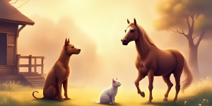 Bannière de naturopathie animalière avec un chien, un chat et un cheval dans un cadre naturel paisible, lumière douce et atmosphère équilibrée.