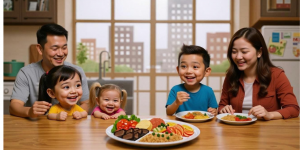 coach nutrition 87 € – assiette équilibrée, carnet et ordinateur sur table en bois clair