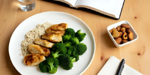 ssiette 3 tiers – assiette équilibrée (féculents, protéines, légumes) sur table en bois clair avec carnet, stylo et verre d’eau, lumière du matin