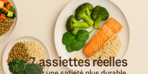Bannière d’article montrant trois assiettes réelles et équilibrées : saumon, riz complet et brocoli ; lentilles, épinards et riz ; légumes colorés et légumineuses. Fond crème texturé, lumière naturelle. Titre : « 7 assiettes réelles pour une satiété plus durable ».