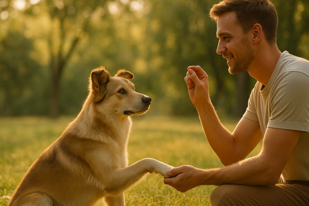 Éducation canine douce dans un pré doré au coucher du soleil, regard complice et gestes calmes.