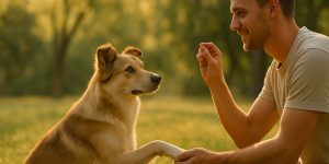 Entraînement doux d’un chien en pleine nature, lumière dorée, geste calme, lien de confiance entre humain et animal.