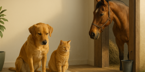 Chien, chat et cheval calmes près de gamelles d’eau propres et de foin, lumière douce du matin : image d’une nutrition naturelle simple et lisible.