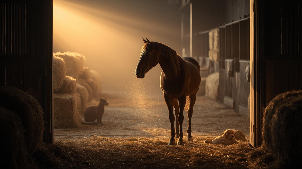 Chien, chat et cheval au repos dans un espace lumineux et calme, zones de couchage confortables et jouets sensoriels discrets pour une routine bien-être sereine.