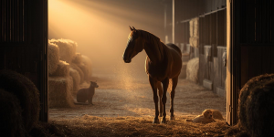 Chien, chat et cheval au repos dans un espace lumineux et calme, zones de couchage confortables et jouets sensoriels discrets pour une routine bien-être sereine.