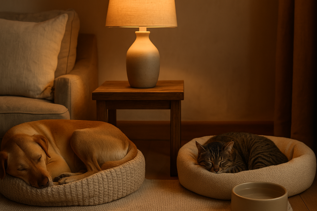 Chien et chat endormis dans un salon tamisé