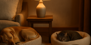 Chien et chat endormis dans un salon tamisé