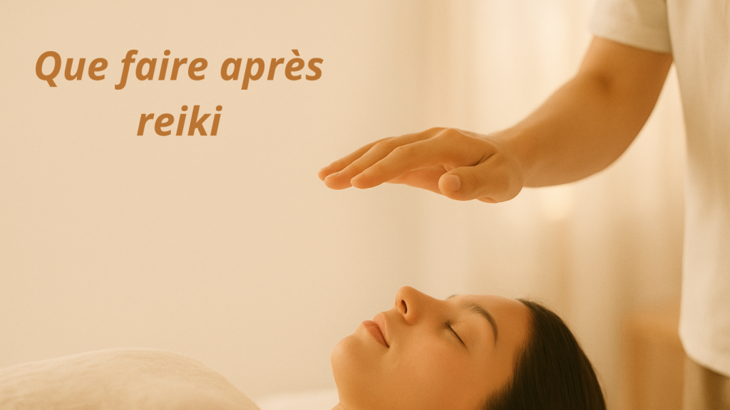 Illustration Reiki : mains au-dessus du dos, tons lin/bois, style minimal, espace pour titre.