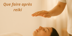 Illustration Reiki : mains au-dessus du dos, tons lin/bois, style minimal, espace pour titre.
