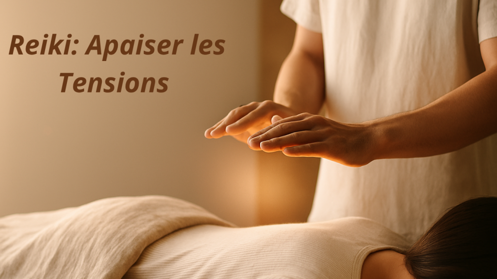 Illustration Reiki : mains au-dessus du dos, tons lin/bois, style minimal, large espace pour titre.