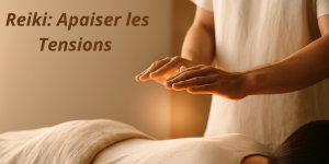 Illustration Reiki : mains au-dessus du dos, tons lin/bois, style minimal, large espace pour titre.