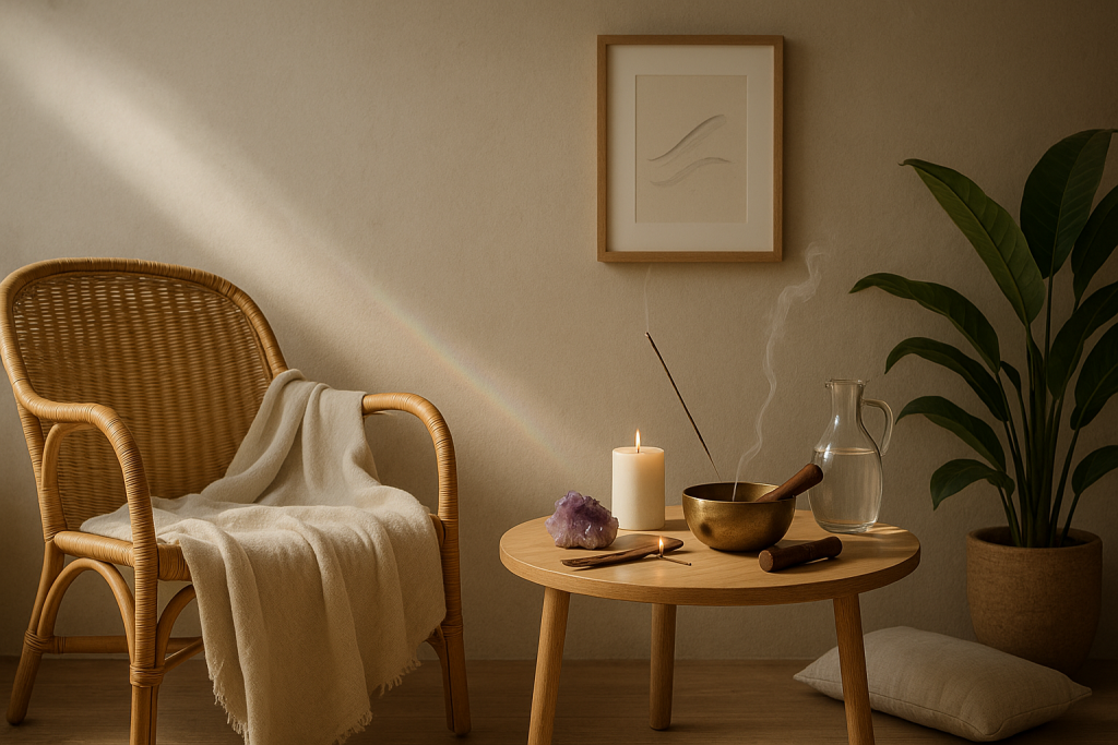 Coin zen avec chaise en rotin, plaid beige, table en bois, bougie et carafe d’eau ; rayon de lumière doux, ambiance naturelle — visuel d’en-tête pour un guide Reiki à distance en 7 étapes.
