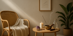Coin zen avec chaise en rotin, plaid beige, table en bois, bougie et carafe d’eau ; rayon de lumière doux, ambiance naturelle — visuel d’en-tête pour un guide Reiki à distance en 7 étapes.