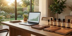 Bureau d'un naturopathe professionnel prospère utilisant des outils cliniques pour valoriser son expertise et sa rentabilité.