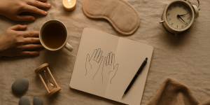 Rituel d’auto-Reiki du soir : mains, carnet, bougie et tasse en flat lay, lumière douce et naturelle. Nom de fichier :
