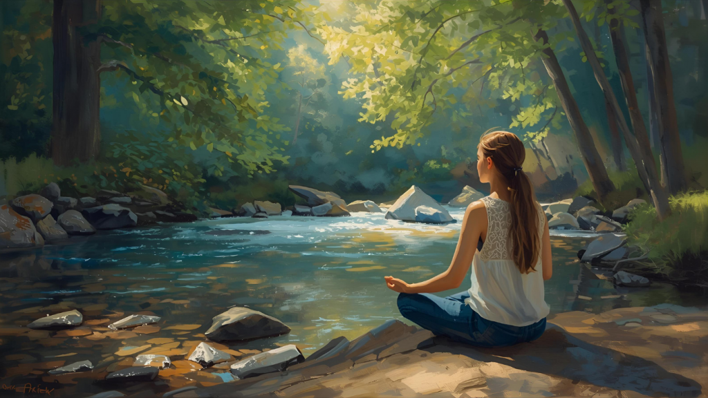 jeune femme qui médite sur le bord d'une rivière