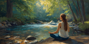 jeune femme qui médite sur le bord d'une rivière