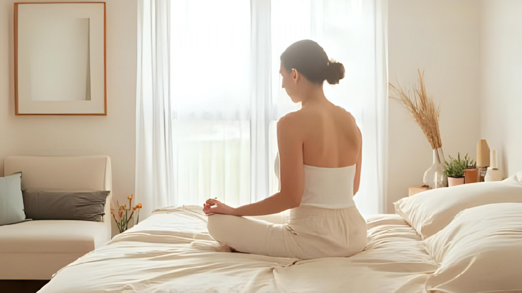 Personne assise au bord de son lit, les mains posées sur le cœur dans un rituel d’auto-Reiki du matin, dans une chambre lumineuse et apaisante.