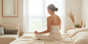 Personne assise au bord de son lit, les mains posées sur le cœur dans un rituel d’auto-Reiki du matin, dans une chambre lumineuse et apaisante.