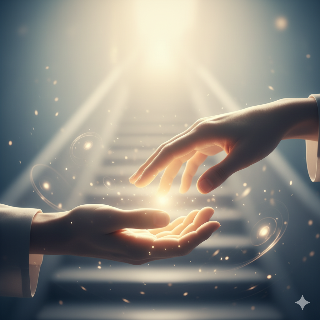 Image conceptuelle représentant la progression vers le niveau Maître Guérisseur Reiki : des mains lumineuses aux symboles énergétiques, menant à une silhouette sereine de Maître pratiquant le Reiki. Évocation de la guérison profonde et de la légitimité professionnelle.