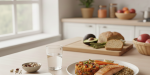 Assiette équilibrée simple et colorée sur table en bois, pour une alimentation saine et une satiété durable.