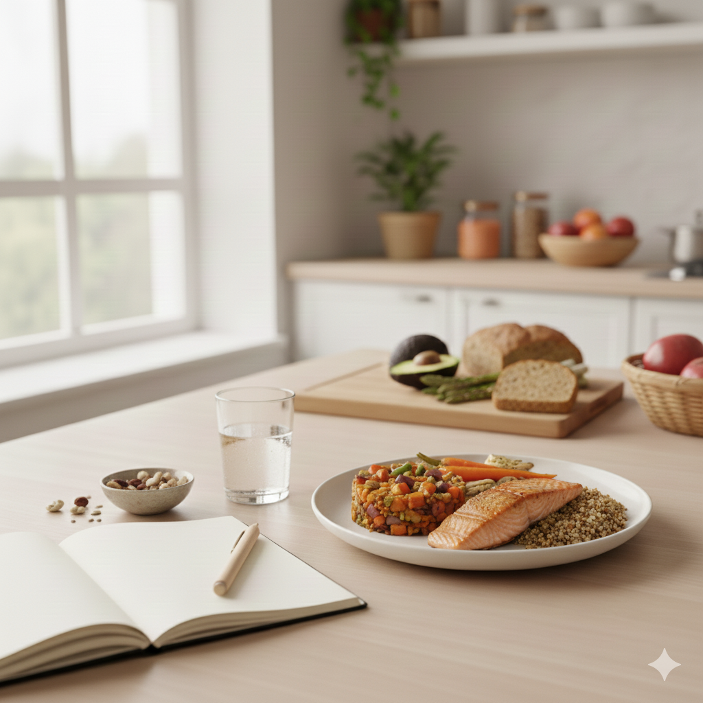 Assiette équilibrée simple et colorée sur table en bois, pour une alimentation saine et une satiété durable.