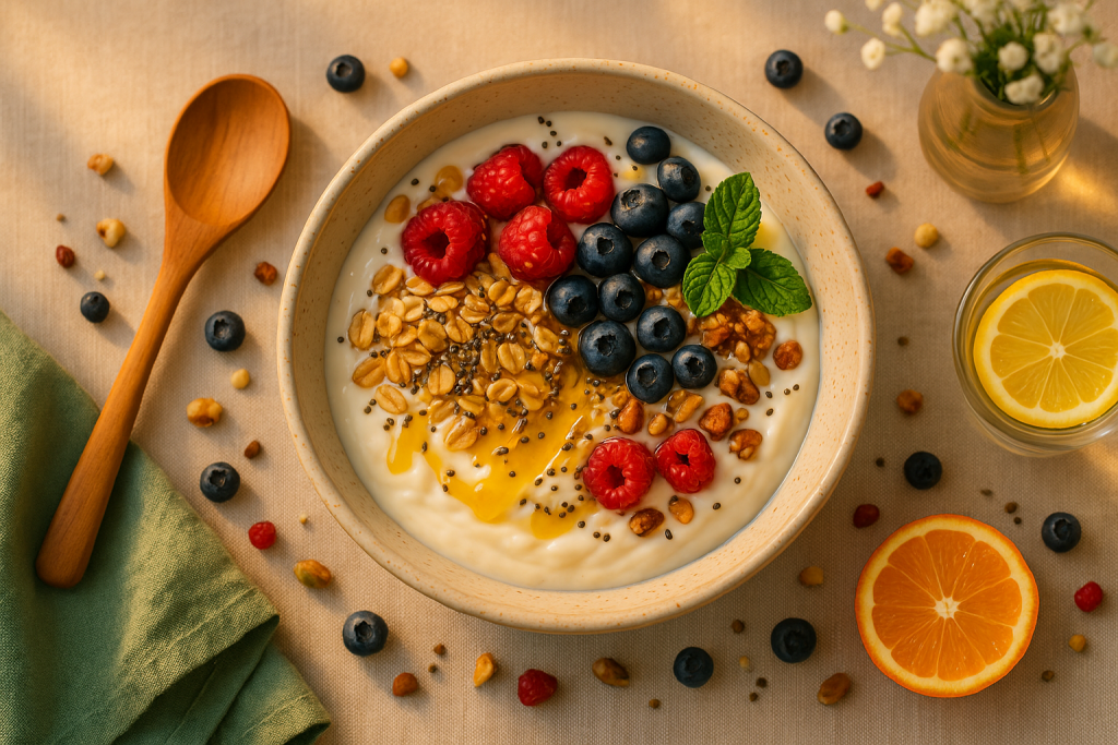 Bol de yaourt avec avoine, fruits rouges et graines sur fond beige, lumière du matin, vue du dessus, style minimal.