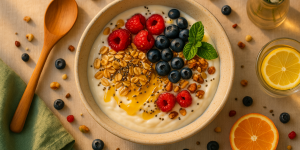 Bol de yaourt avec avoine, fruits rouges et graines sur fond beige, lumière du matin, vue du dessus, style minimal.