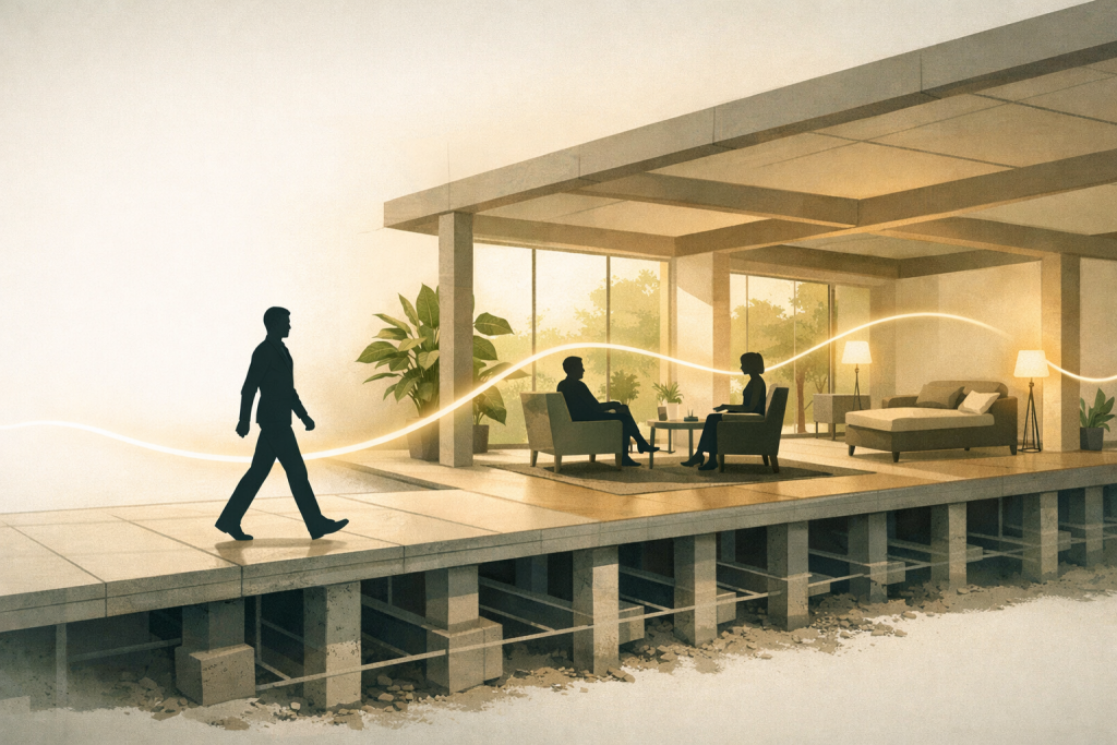 Cabinet de bien-être représenté comme une architecture stable avec une ligne de continuité symbolisant la fidélisation client thérapeute