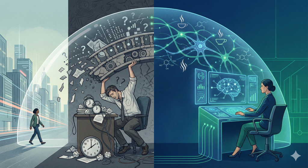 Illustration éditoriale comparant le thérapeute épuisé par la gestion manuelle (à gauche) au thérapeute stratège utilisant une infrastructure neurobiologique et l'ancrage olfactif pour sécuriser son cabinet (à droite)
