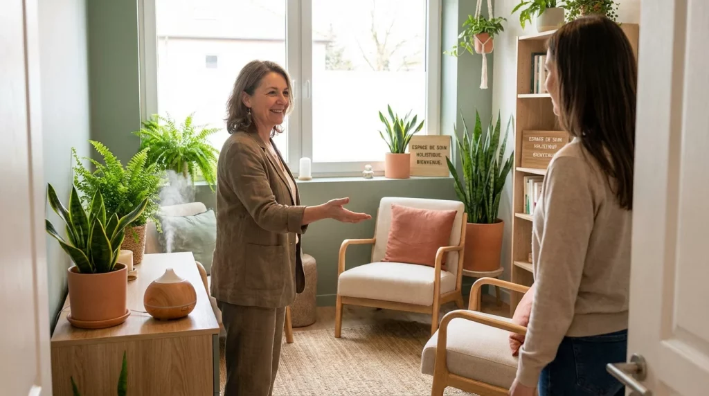 Thérapeute holistique accueillant une cliente