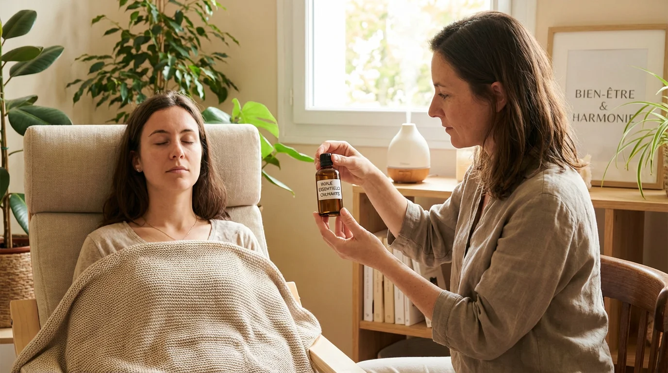 Thérapeute holistique européenne présentant un flacon d'huile essentielle à un client en séance