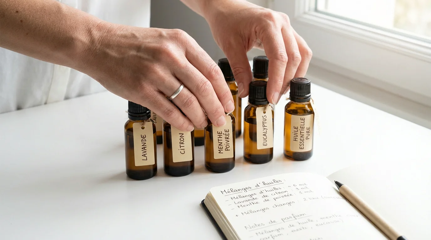 Flacons d'huiles essentielles organisés sur un bureau de thérapeute holistique