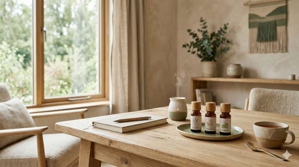 Flacons d'huiles essentielles disposés sur une table de cabinet de thérapeute holistique pour un protocole olfactif en séance