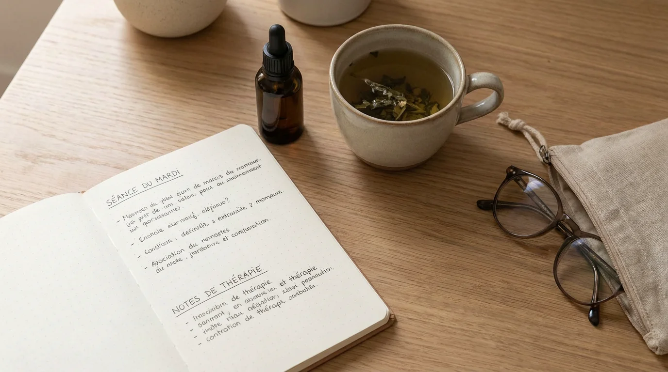 Bureau de thérapeute holistique avec notes de séance et huile essentielle