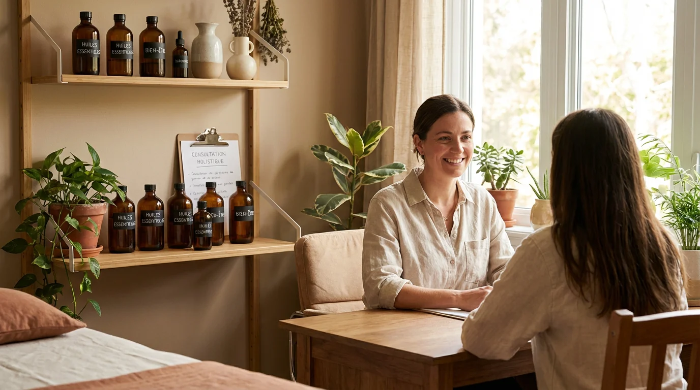 Thérapeute holistique et énergétique en consultation dans un espace lumineux et apaisant