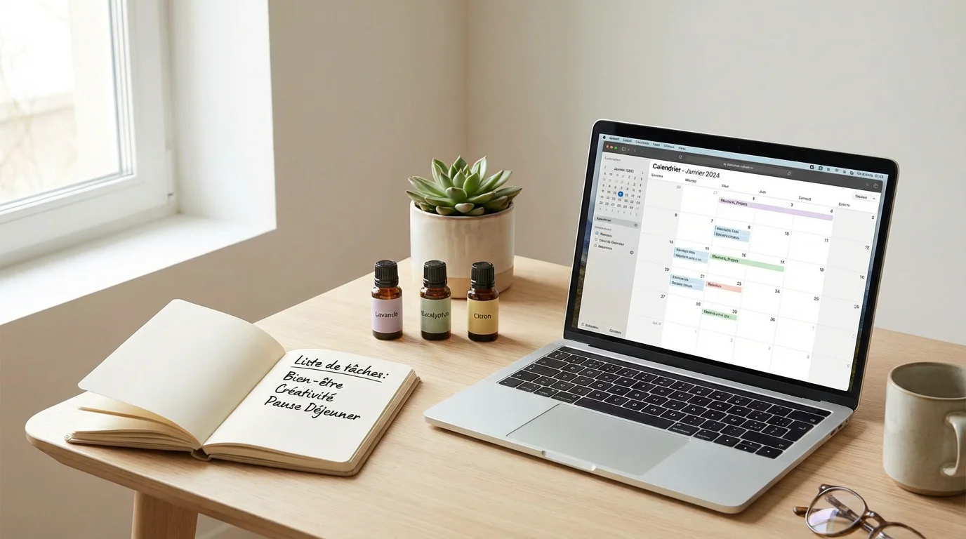 Espace de travail organisé d'un thérapeute holistique avec huiles essentielles et agenda