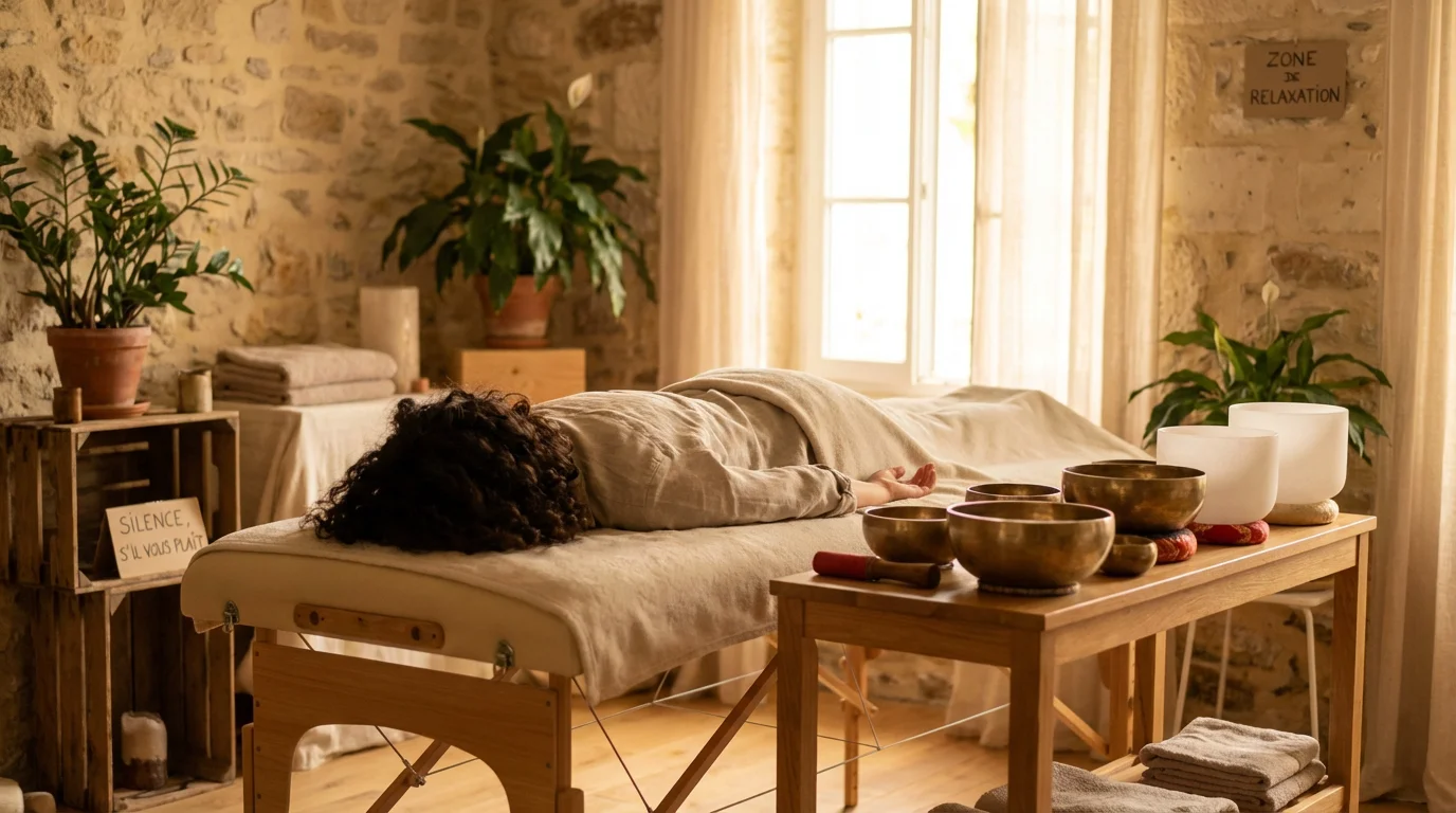 Séance de thérapie par le son avec bols tibétains dans un cabinet de bien-être