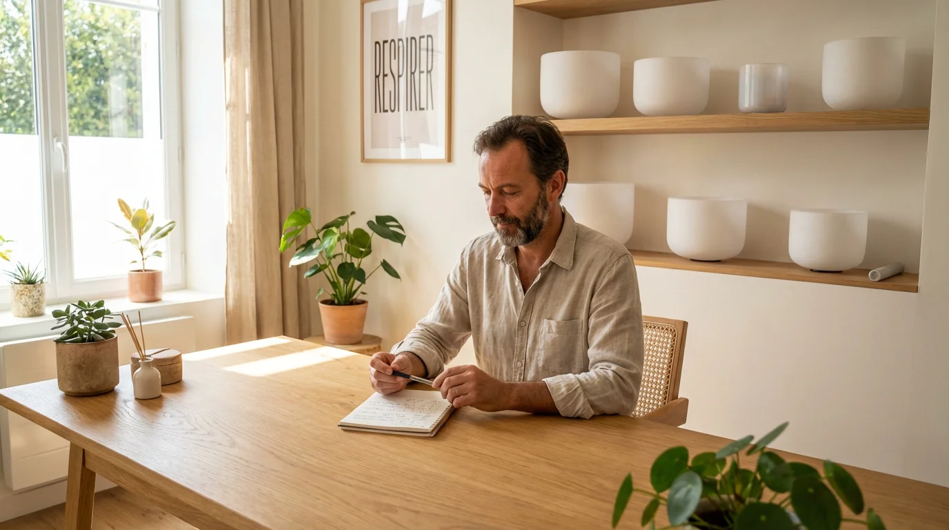 Thérapeute holistique consultant ses notes dans un cabinet de sonothérapie en France