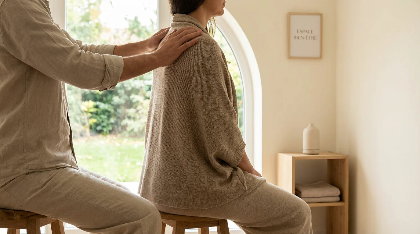 Thérapeute énergétique posant ses mains près des épaules d'un patient dans un cabinet lumineux