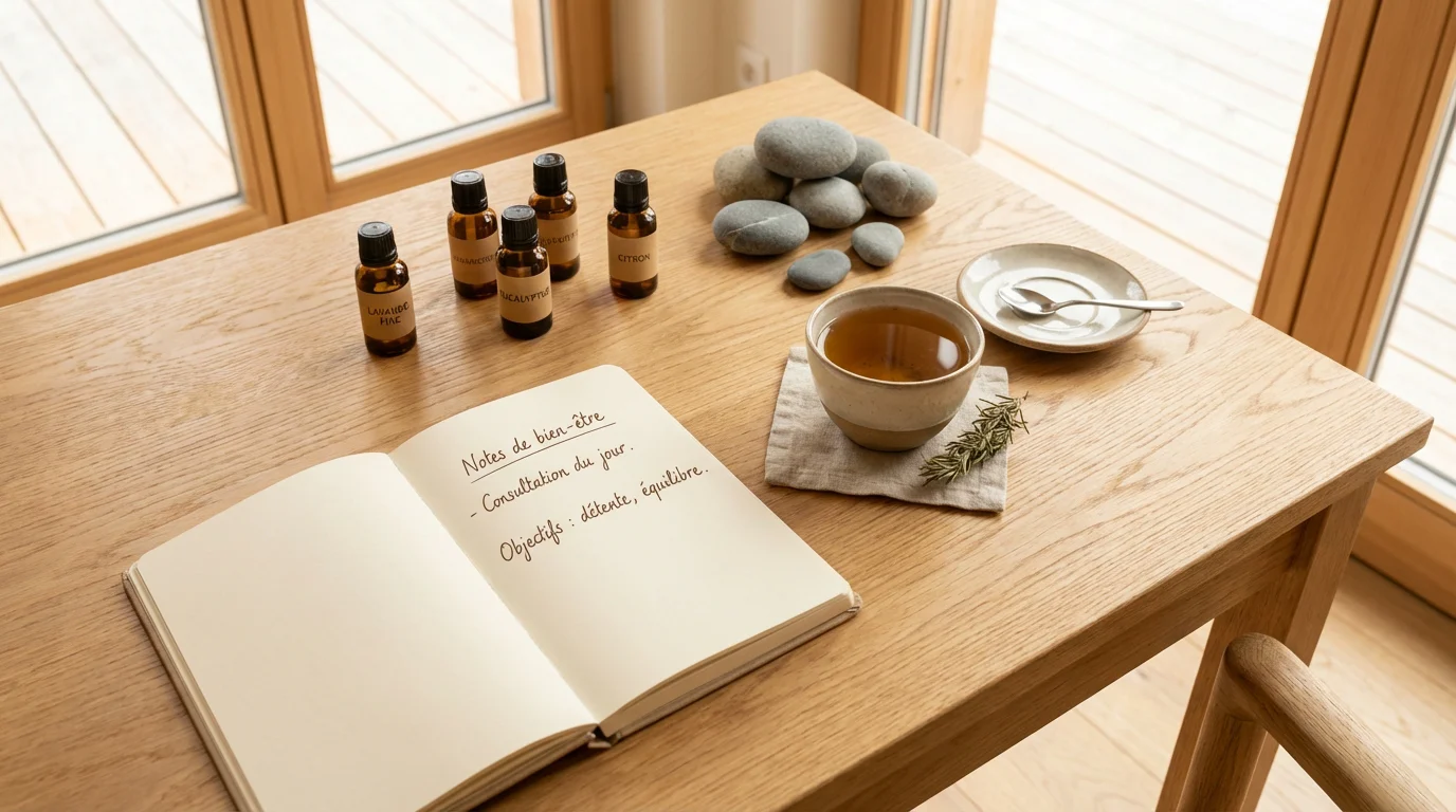 Bureau de consultation d'un thérapeute énergétique avec huiles essentielles et pierres naturelles