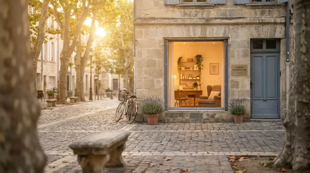 Cabinet de thérapeute holistique dans une rue française au coucher du soleil