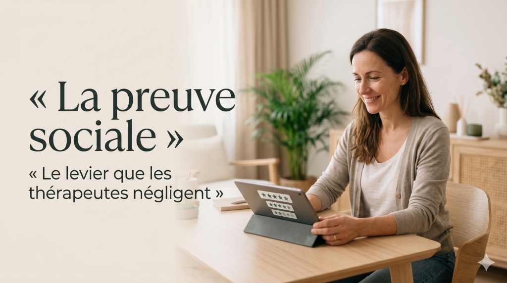Praticienne thérapeute consultant des avis clients positifs sur une tablette dans son cabinet