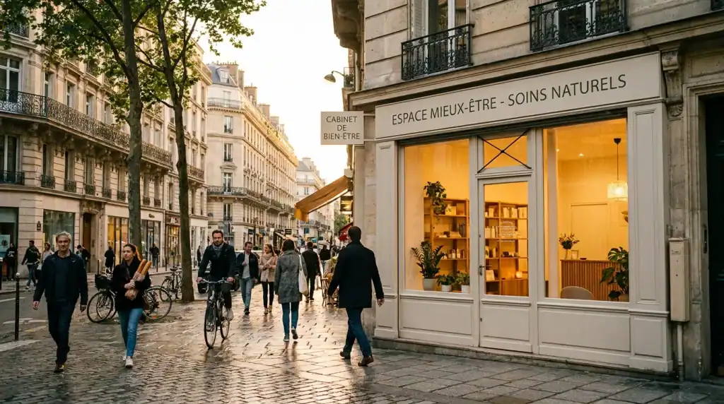 Vitrine de cabinet holistique sur rue passante